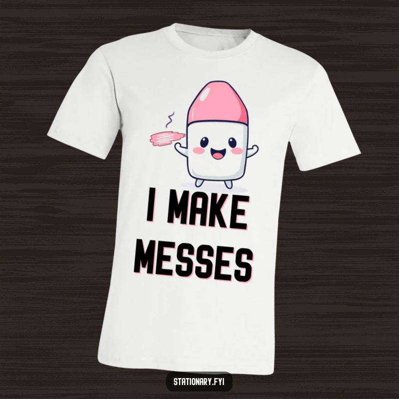 Funny t-shirt with a cheerful eraser character joyfully smudging a drawn line, perfect for art lovers.