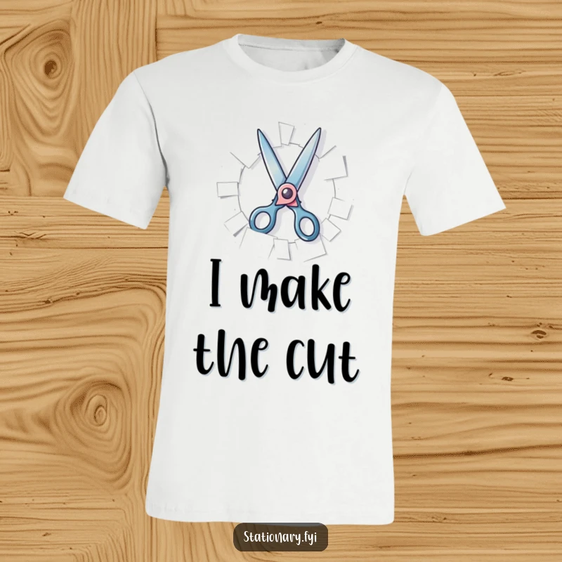 Funny T-Shirt of playful scissors gleefully snipping paper, embodying creativity and humor, a perfect gift.