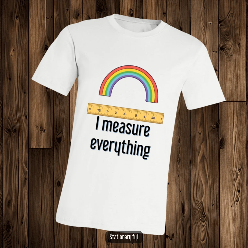 Funny t-shirt: A playful ruler is shown measuring the curve of a vibrant rainbow arc.