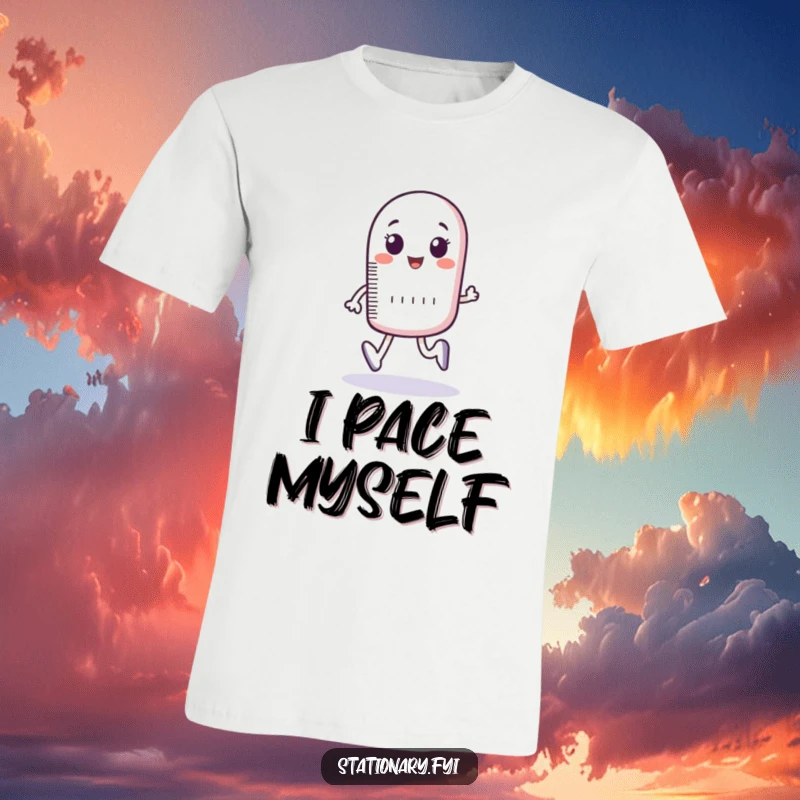 Funny t-shirt featuring a bouncing ruler character measuring imaginary footsteps, celebrating precision with a humorous twist.