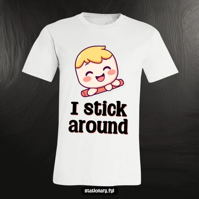 Funny kawaii glue stick t-shirt depicting a happy character gliding effortlessly with a wide, infectious smile.
