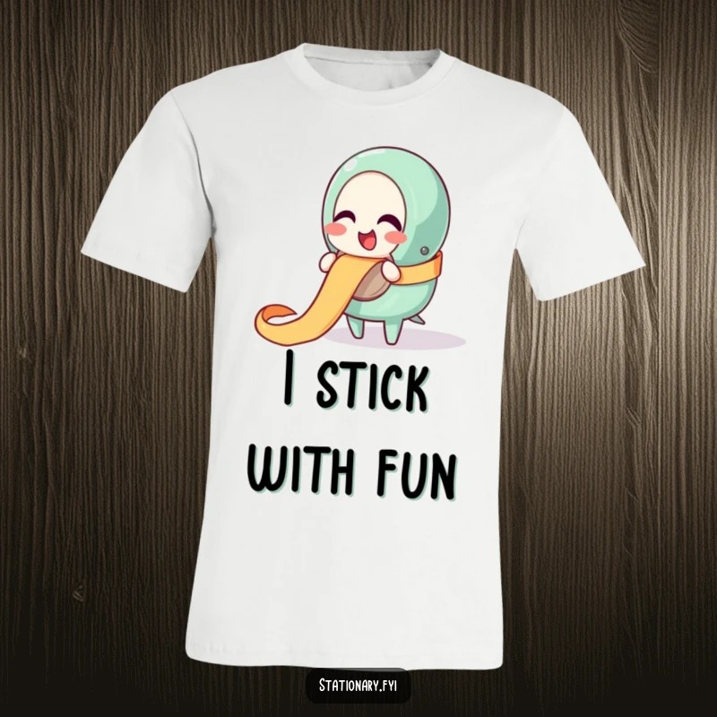 Funny t-shirt depicting a giggling tape dispenser character happily unraveling a ribbon, radiating infectious joy and fun.