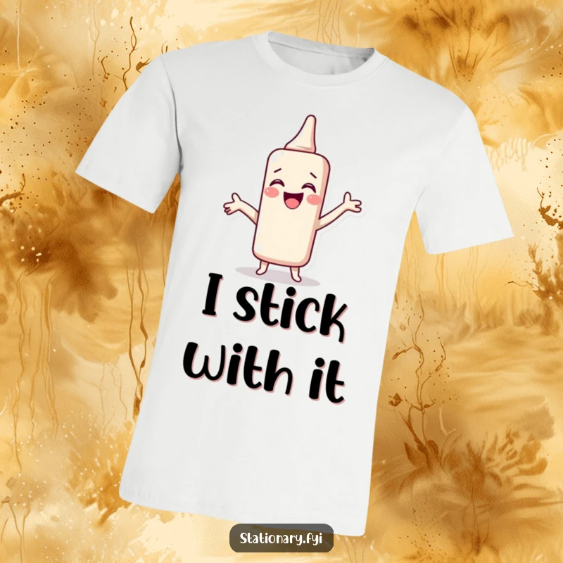 Funny T-Shirt of a giggling glue stick spreading joy, embodying adhesion and humor, a perfect gift.