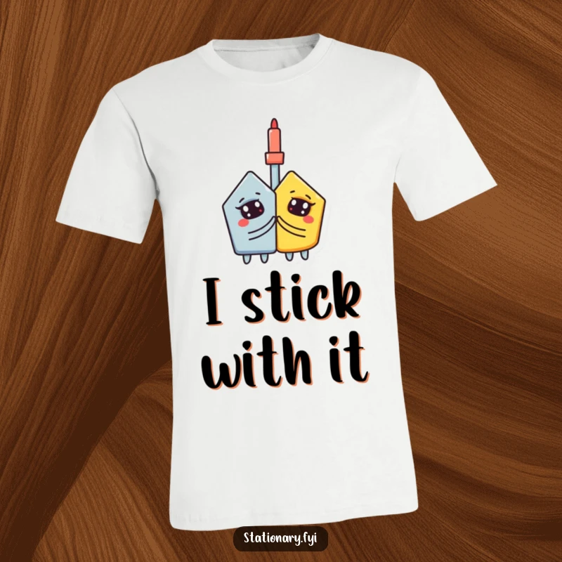 Funny t-shirt: An inquisitive glue stick firmly bonds two separate shapes, symbolizing togetherness.