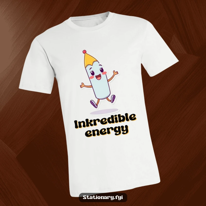 Funny cheerful pen t-shirt showing a character doing a joyful skip with a flourish, symbolizing creativity and playful expression.