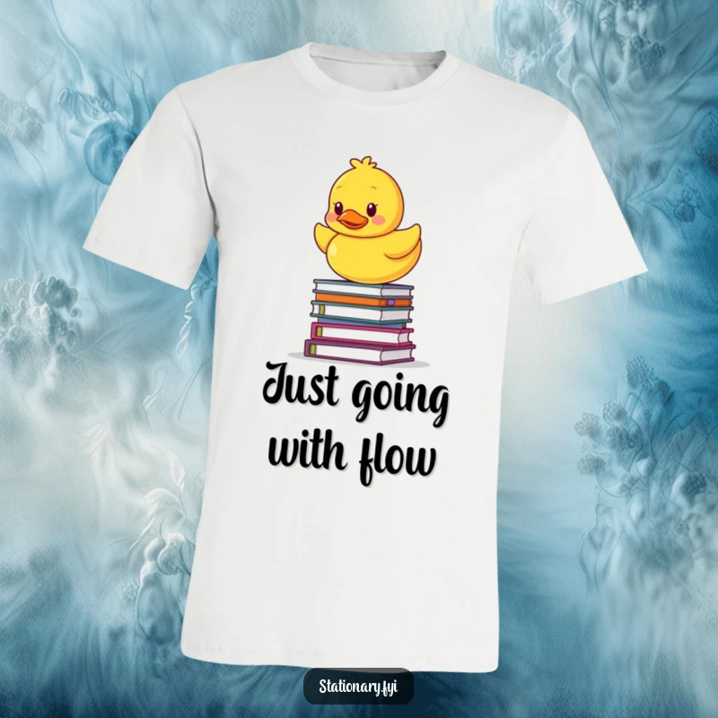 Funny t-shirt showing a yellow rubber ducky wobbling on top of a stack of books, representing precarious balance and humor.