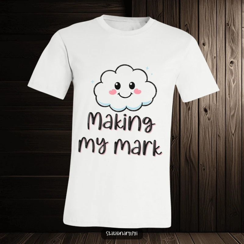 Funny Kawaii marker character drawing a smiley face on a cloud graphic T-shirt, perfect for creatives.