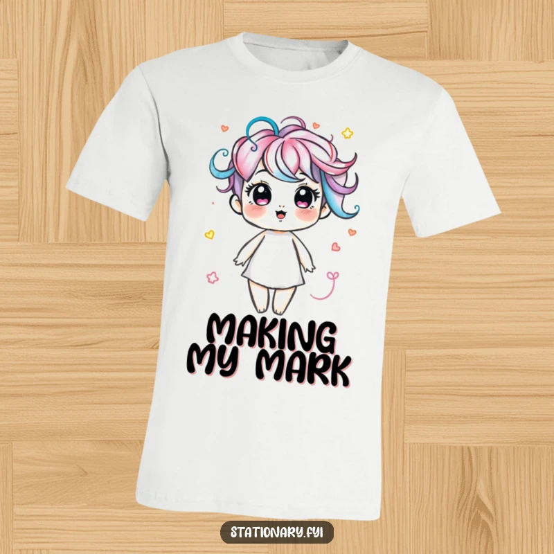Funny t-shirt with a delightful marker character creating energetic, colorful swirls, bringing artistic fun to life.