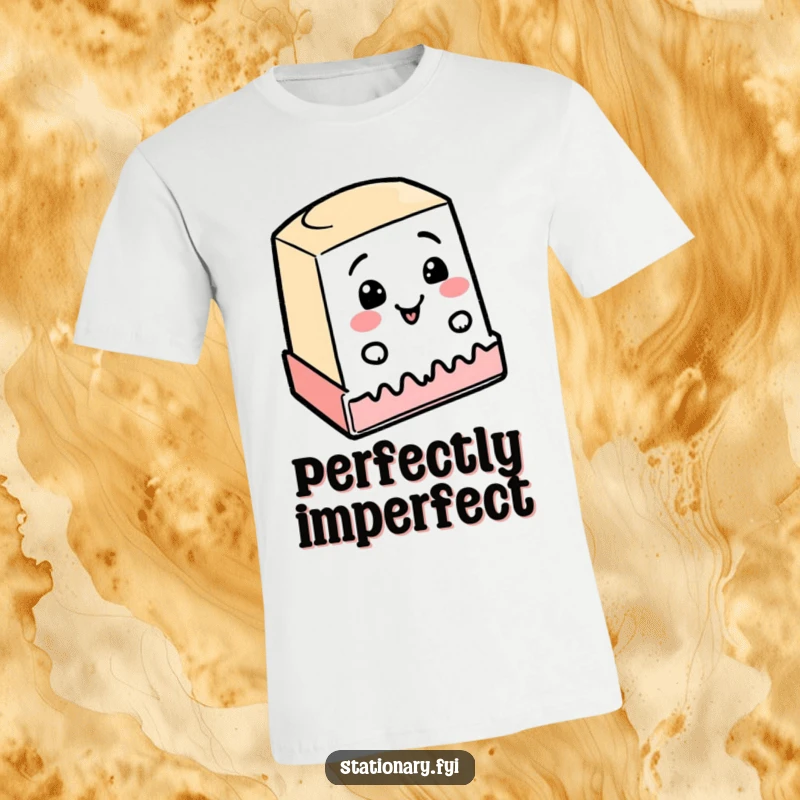 Funny t-shirt showing a delighted rubber stamp enthusiastically creating a meandering line, a humorous depiction of cheerful effort.