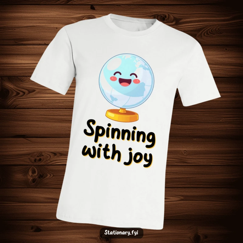 Funny t-shirt with a delightful wobbly globe spinning energetically, symbolizing an exciting and humorous journey around the world.