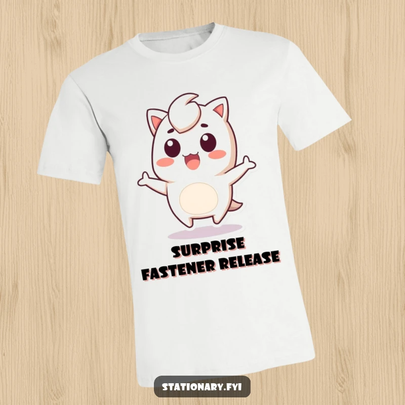 Funny T-Shirt showcasing a cute Kawaii staple remover character performing a surprised, mid-air jump, bringing playful energy.