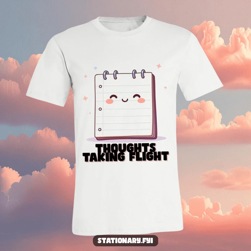 Funny t-shirt designed with a happy notepad whose pages lift and flap in a gentle breeze, symbolizing free-flowing ideas.