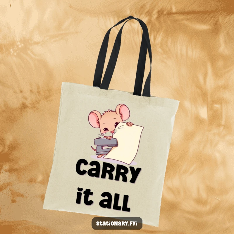 Funny tote bag depicting a small mouse valiantly trying to staple a huge document with a mini stapler, a humorous carry-all.