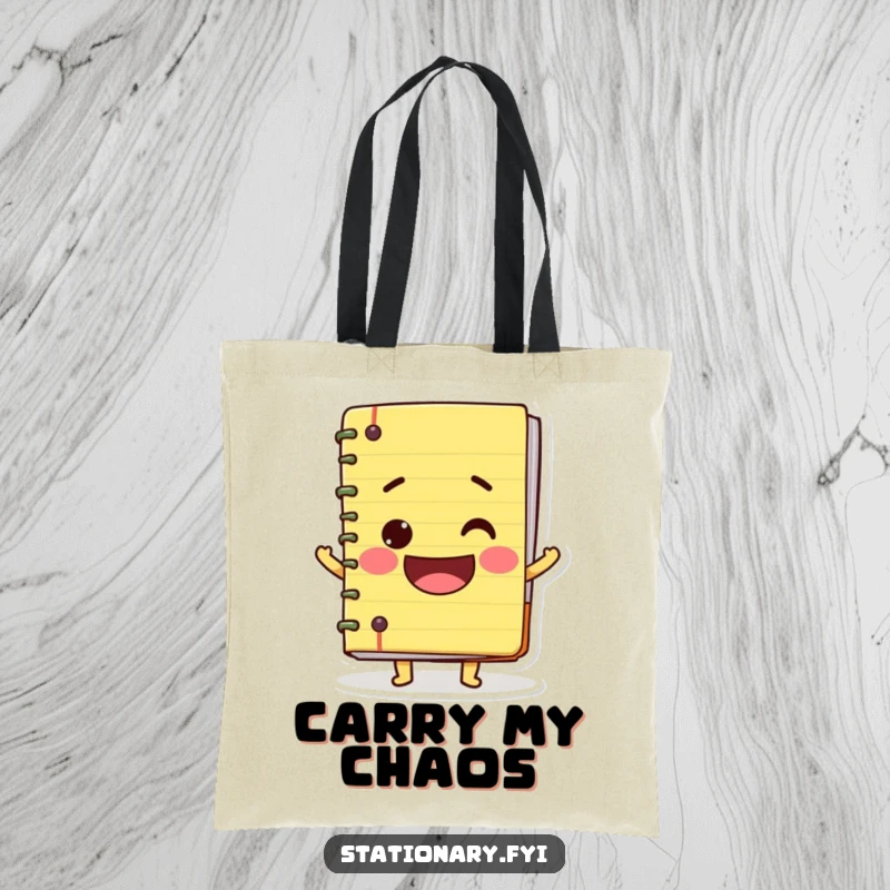Funny tote bag showing a wobbly notebook character with a huge smile, perfect for carrying books and supplies with a humorous touch.