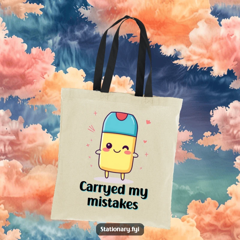 Funny Tote Bag with a smiling eraser happily cleaning scribbles, ideal for carrying essentials with artistic humor and as a great gift.