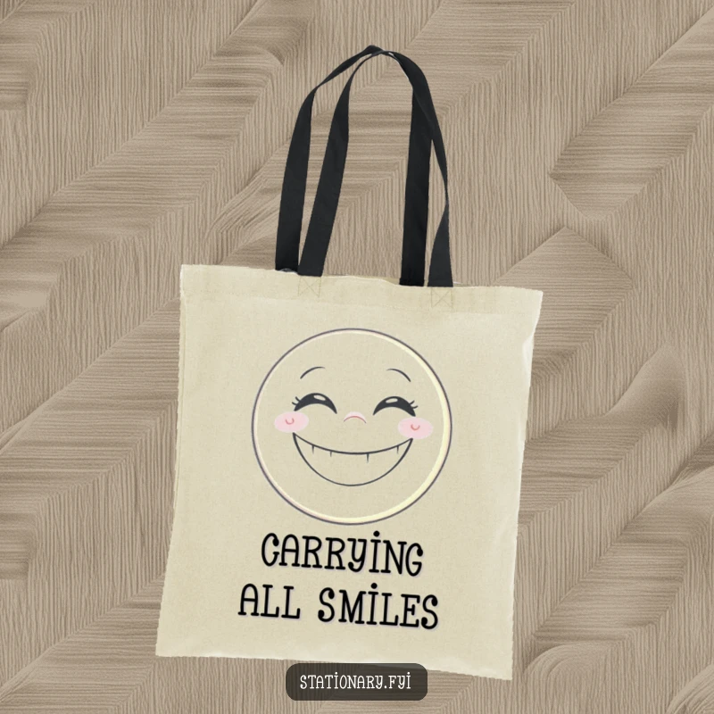 Funny tote bag with a grinning pencil drawing a big, happy smiley face, perfect for artists and cheerful individuals.