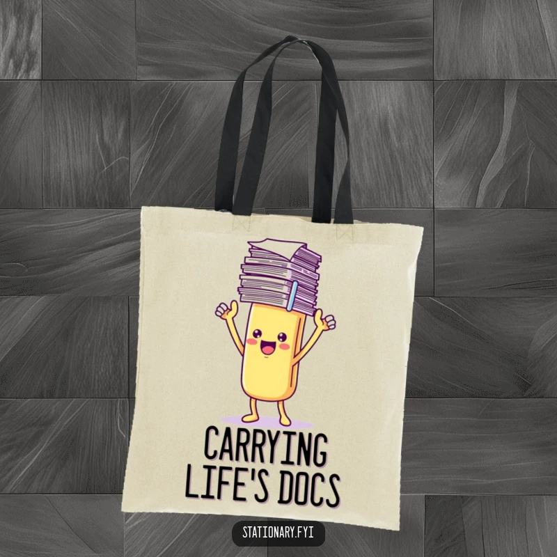 Funny Tote Bag with a triumphant Kawaii paperclip character holding papers, ideal for carrying essentials with a sense of victory.