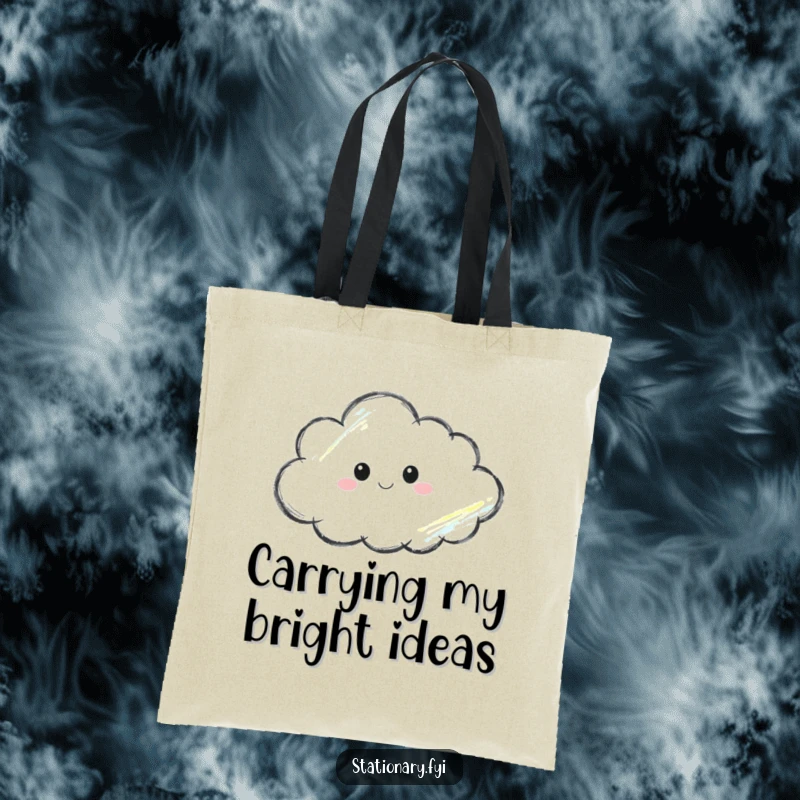 Funny tote bag with a crayon thoughtfully sketching a cloud, ideal for carrying art supplies with a touch of whimsical creativity.