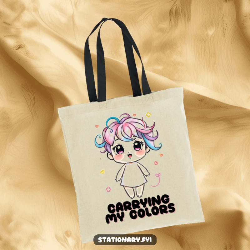 Funny tote bag showcasing a delightful marker character drawing dynamic, colorful swirls, perfect for carrying art supplies.