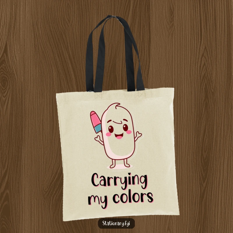 Funny marker tote bag featuring a bouncing marker character drawing a colorful, wavy line. Stylish and functional.