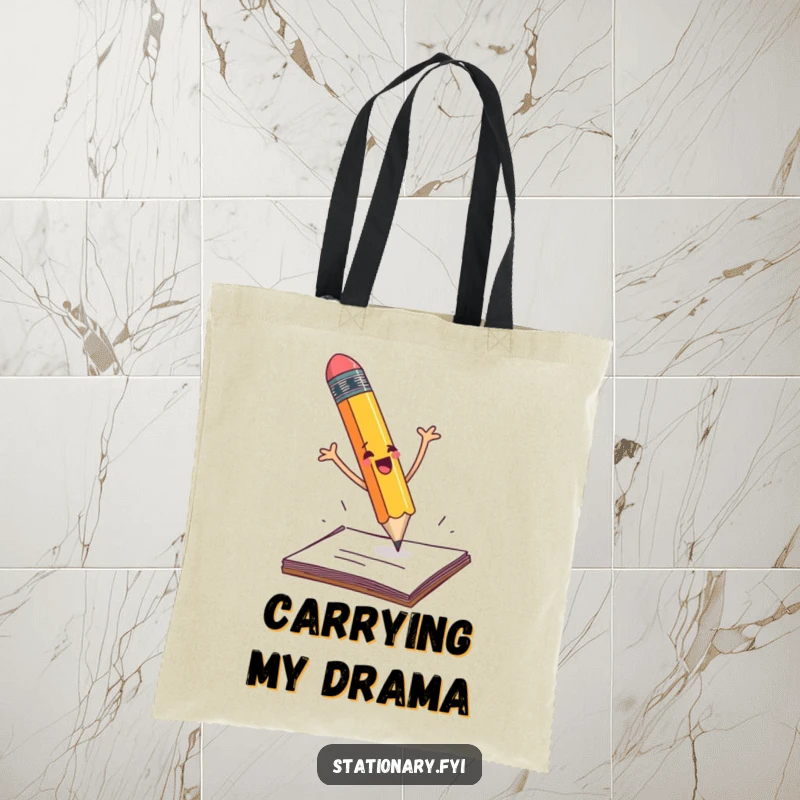Funny pencil dramatically falling off a desk with flailing arms, a humorous tote bag for everyday carry.
