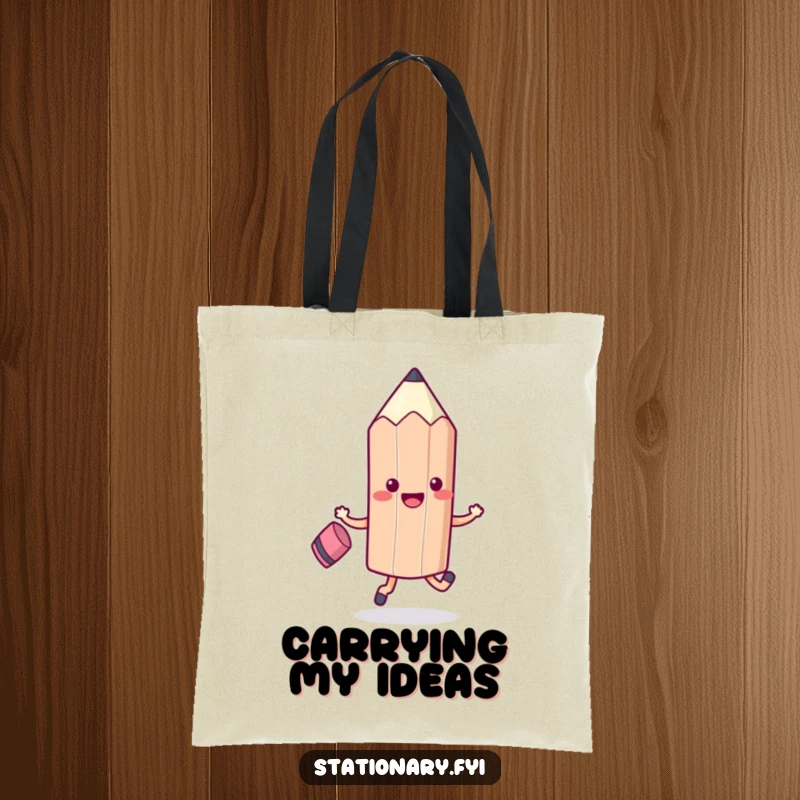 Funny Kawaii Pencil Tote Bag with an eraser friend, merrily skipping along, perfect for carrying school items humorously.