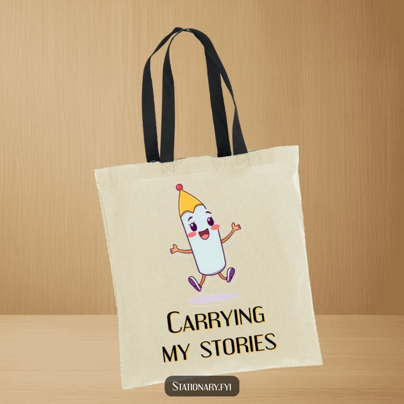 Funny cheerful pen tote bag with a character doing a joyful skip with a flourish, ideal for carrying creative tools and inspiration.