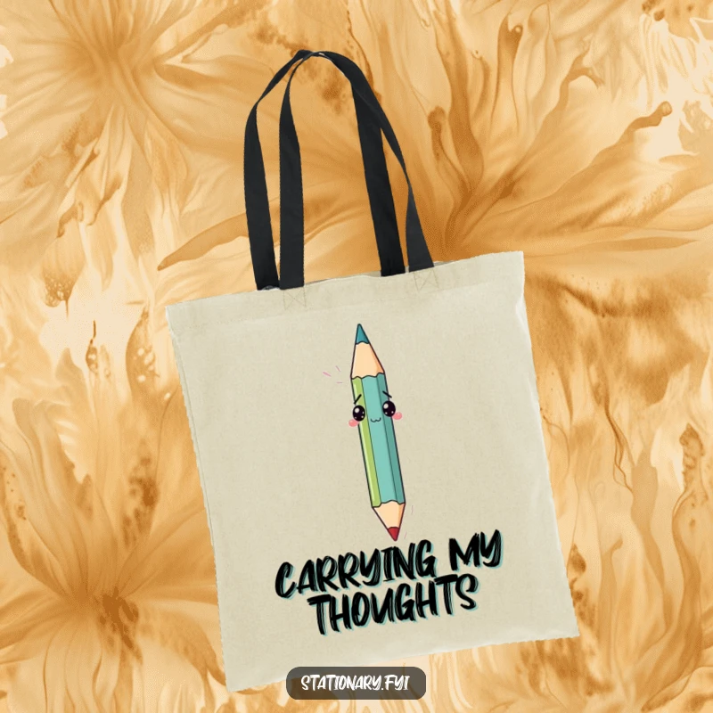 Funny tote bag featuring a confused pencil attempting to sketch itself with its own tip, a humorous accessory for creatives.