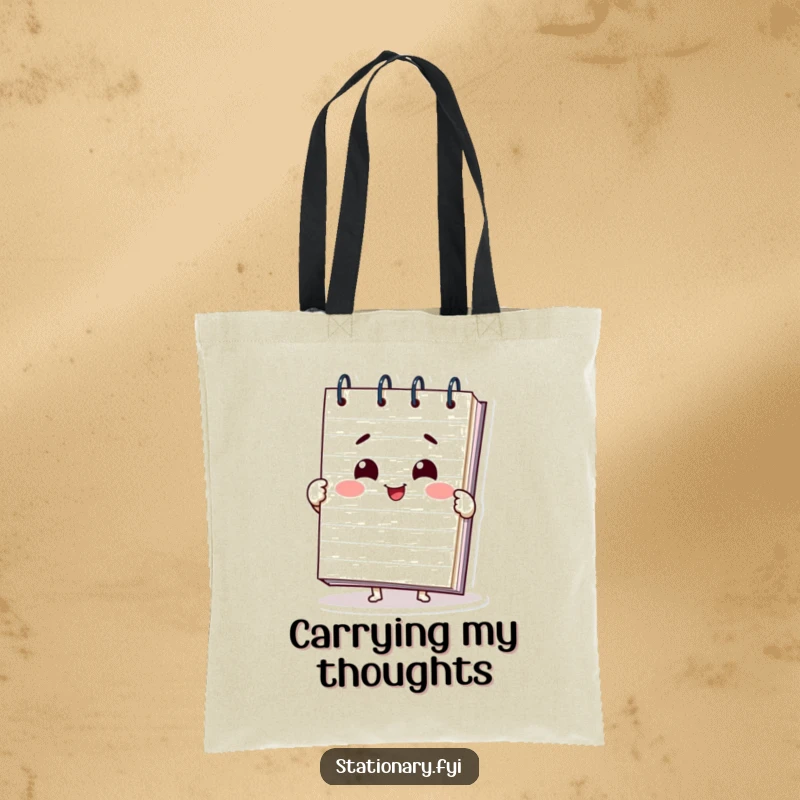 Funny notepad tote bag showcasing a smiling character happily unfurling its pages, ideal for carrying essentials with a humorous flair.