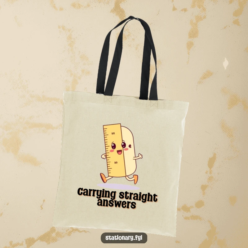 Funny tote bag showing a wobbly ruler character doing a jaunty walk, drawing a straight line, practical and humorous.
