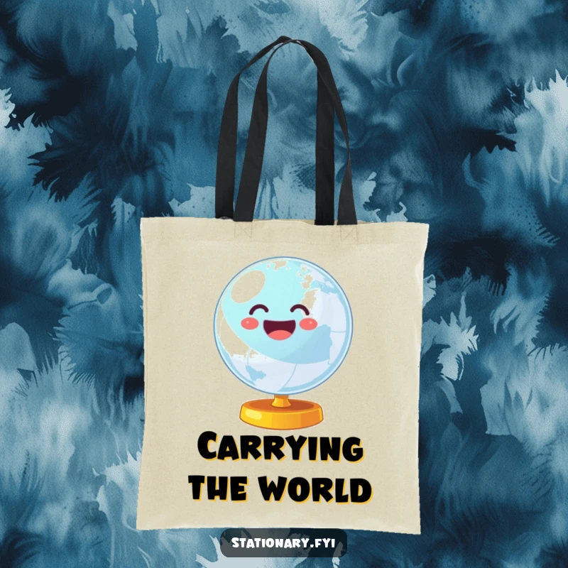 Funny tote bag with a wobbly globe spinning energetically, ideal for carrying items with a global and humorous theme.