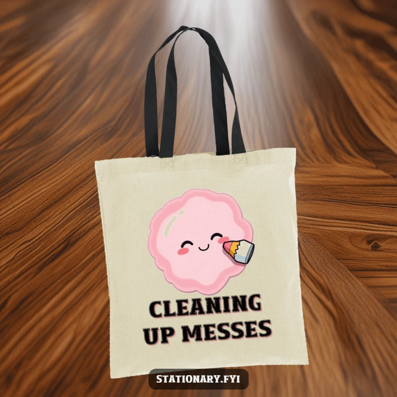 Funny tote bag with a delighted eraser happily smudging a silly, abstract shape, ideal for creative types.