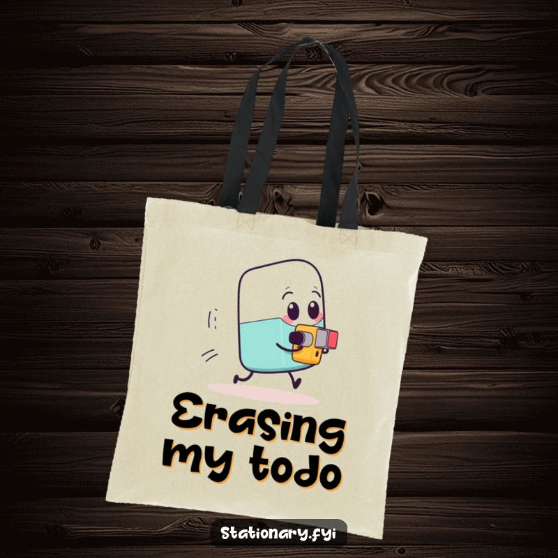 Funny eraser running from a tiny determined pencil sharpener, a humorous tote bag for daily carry.