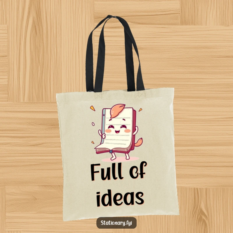 Funny tote bag with a joyful notebook character flipping its pages quickly, ideal for book lovers on the move.