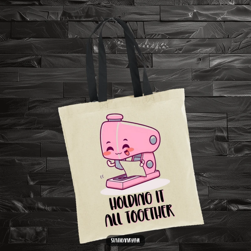 Funny tote bag showing a giddy stapler character zapping papers together, a practical and humorous accessory.