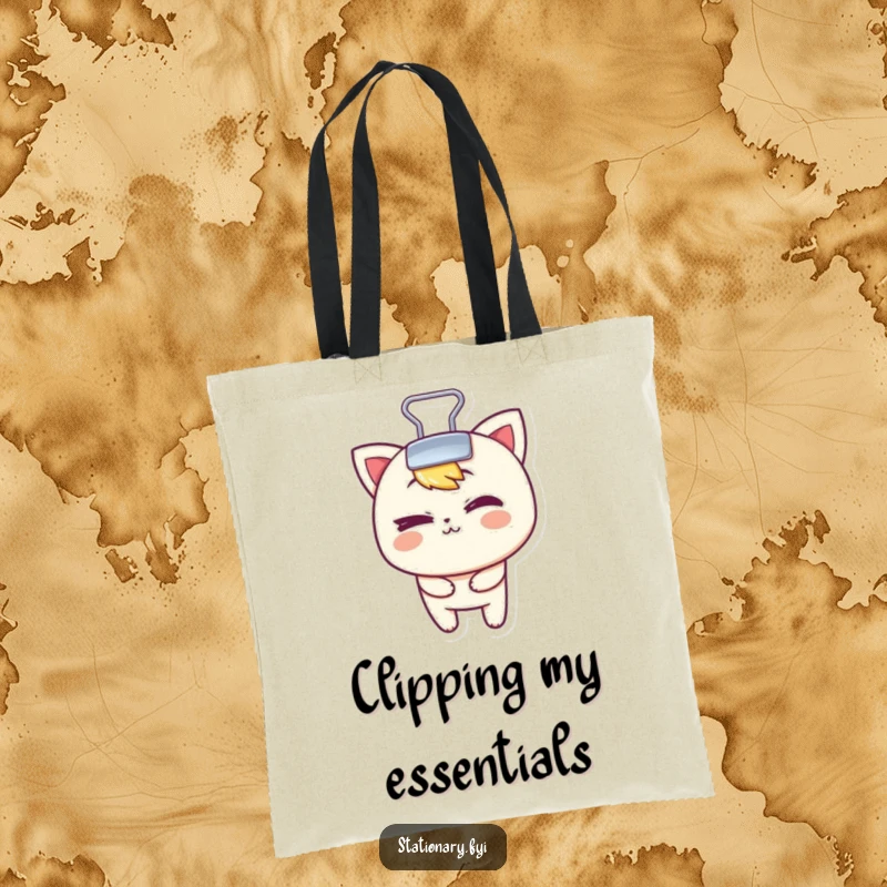 Funny tote bag featuring a mischievous binder clip character playfully winking, ideal for carrying office supplies.