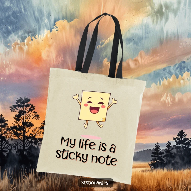 Funny tote bag designed with a happy, bouncing sticky note, perfect for carrying essentials with a dose of playful cheer.