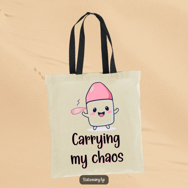 Funny tote bag featuring a cheerful eraser character busy smudging a drawn line, a practical humorous accessory.