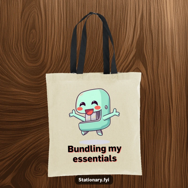 Funny tote bag depicting a happy stapler character doing a cheerful jump, great for carrying work essentials with a humorous office theme.
