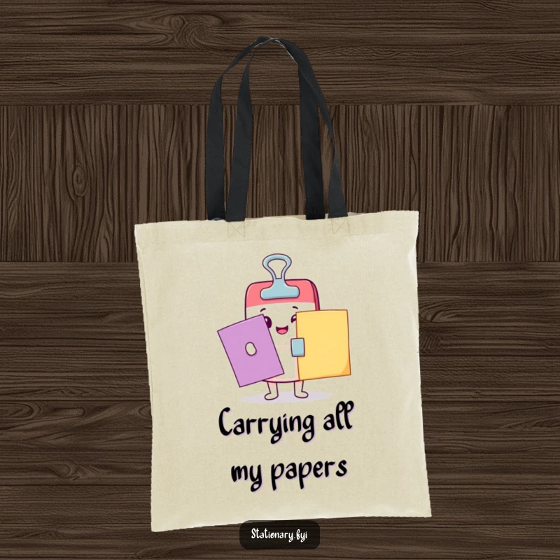 Funny Kawaii binder clip character enthusiastically clamping papers on a durable tote bag, perfect for everyday fun.