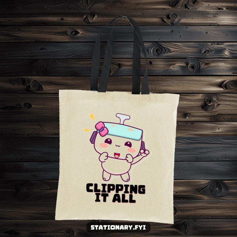 Funny kawaii binder clip tote bag showcasing a character doing a playful pinch, perfect for carrying items with secure fun.