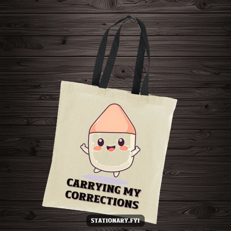 Funny Kawaii Eraser Tote Bag: A bouncing eraser character design, perfect for carrying essentials with playful humor.