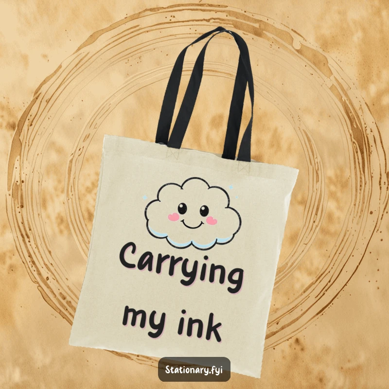 Funny Kawaii marker character drawing a smiling cloud design on a practical tote bag.