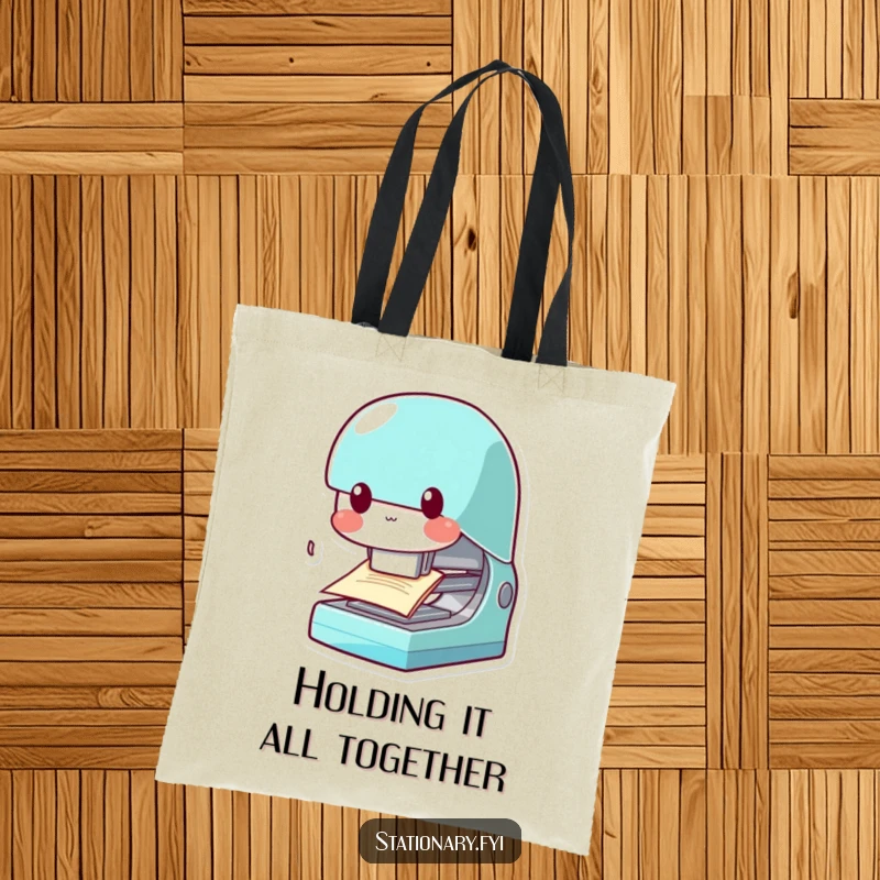 Funny Kawaii Stapler Tote Bag: A chomping stapler character design, perfect for carrying work essentials with office humor.