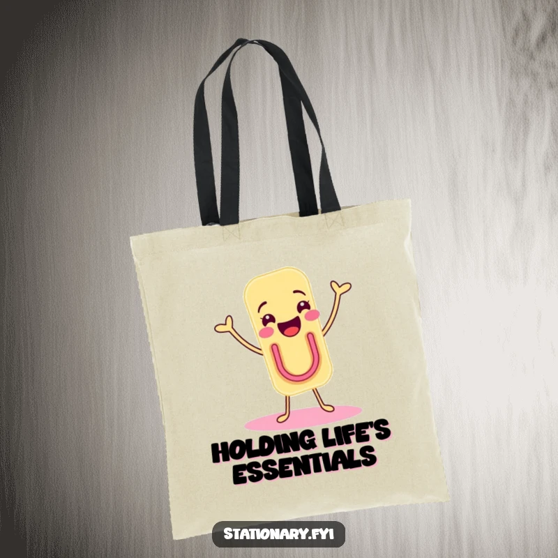 Funny tote bag with a joyous paper clip character doing a delightful shimmy, perfect for carrying items with fun.