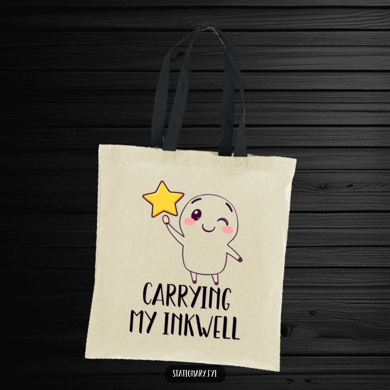 Funny tote bag featuring a happy pen character drawing a smiling star in the air, ideal for carrying art supplies.
