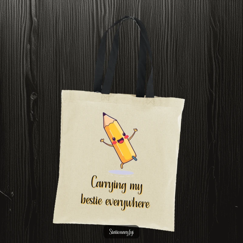 Funny Tote Bag with a pencil performing a cartwheel and an eraser, perfect for groceries or books.