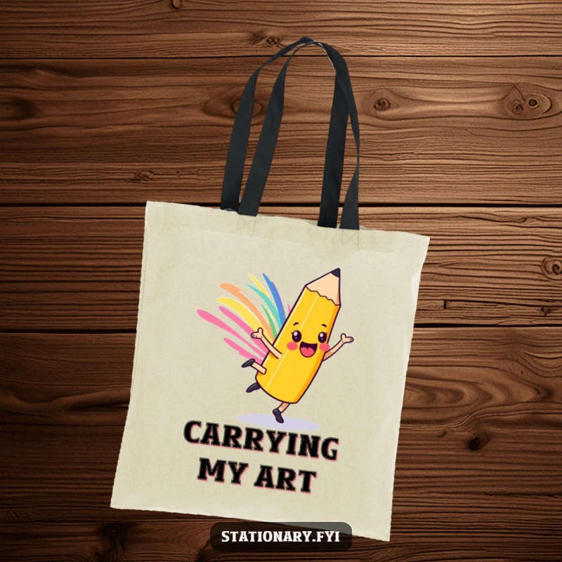 Funny playful pencil tote bag, cartwheeling character with a colorful streak, symbolizing creativity and artistic expression.