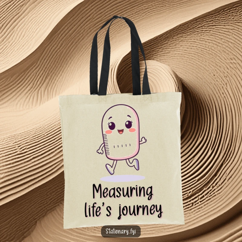 Funny tote bag featuring a bouncing ruler character measuring imaginary footsteps, ideal for carrying items with witty precision.