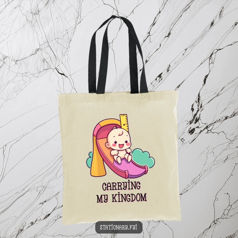 Funny tote bag showcasing a playful ruler character descending a bright, colorful slide, perfect for carrying school supplies.